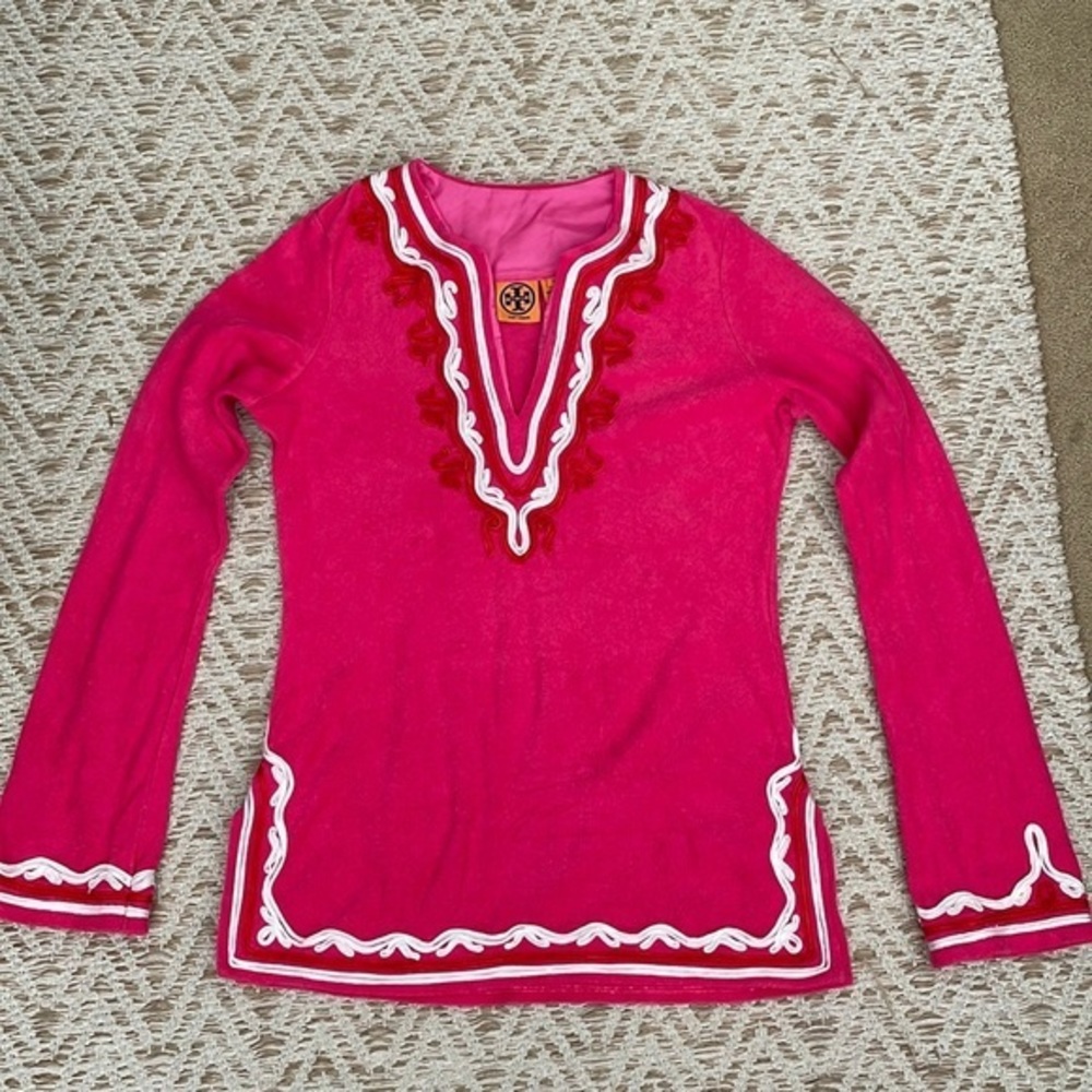 Tory Burch Hot Pink Embellished Swim Coverup with White Trim